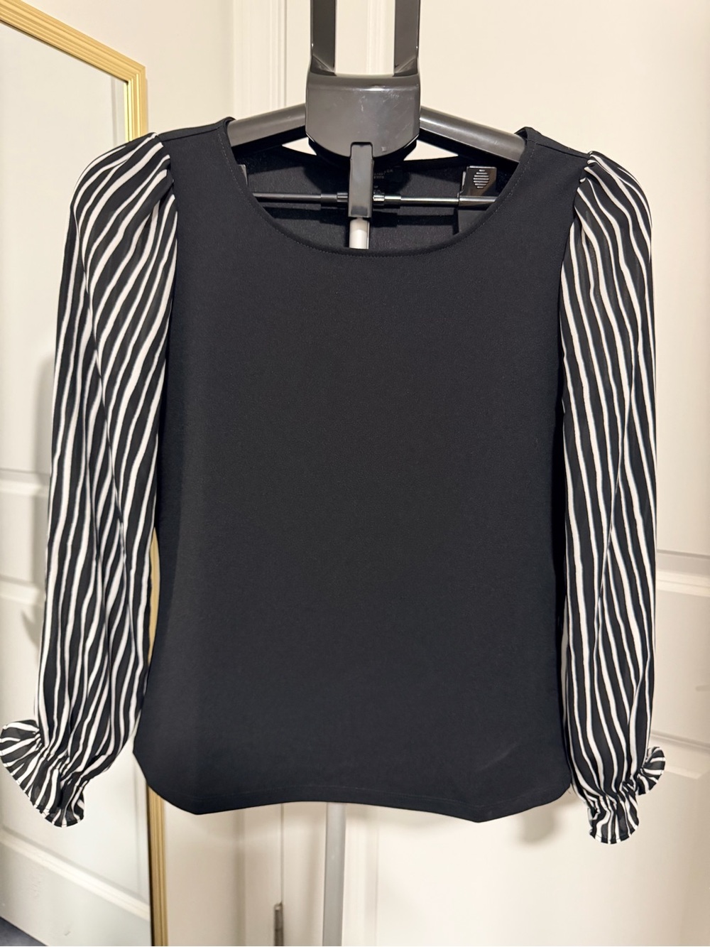 Ann Taylor Factory Black Blouse with Black & White Striped Puff Sleeves